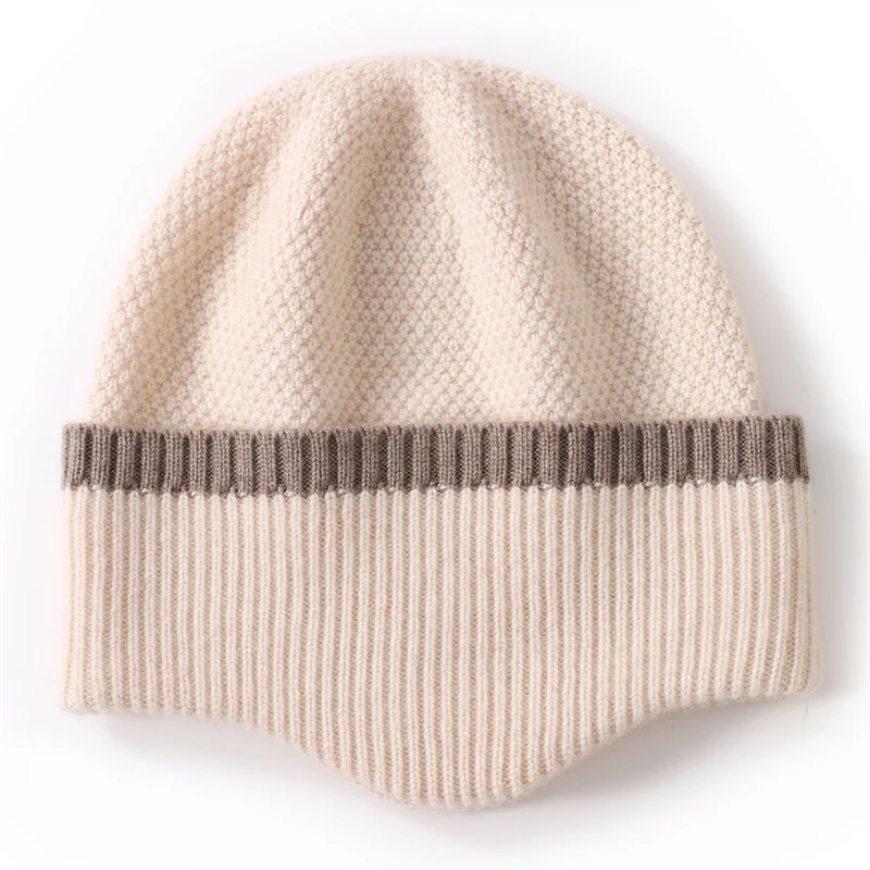 High-End 100% Cashmere Hat for Men and Women, Color-Block Thickened Fashionable Warm Versatile Knitted Ear Protection Wool Hat
