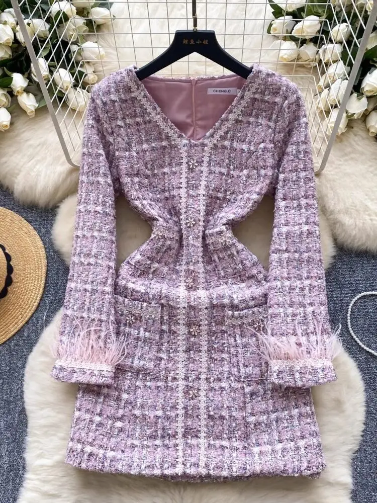 Runway Brand Autumn Winter Mini Short Tweed Dress Women Feathers Long Sleeve Pocket Woolen Plaid Party Vestidos