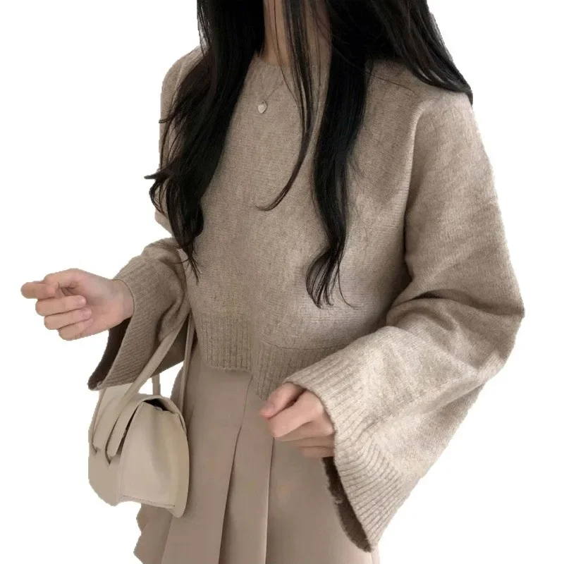 เสื้อสเวตเตอร์ไหมพรมแขนยาวทรงหลวม สีพื้น สไตล์เกาหลี ชิคๆ ใส่สบายๆ สำหรับผู้หญิง ฤดูใบไม้ร่วง ฤดูหนาว