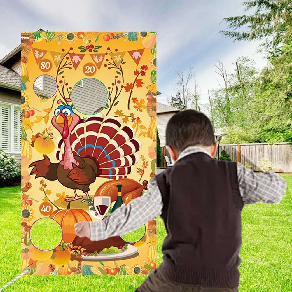 Thanksgiving Bean Bag Toss Game Bean Bag Game Set Turkey Background Fall Theme Game 29x54 Inch with 3 Bean Bags for Kids Adults