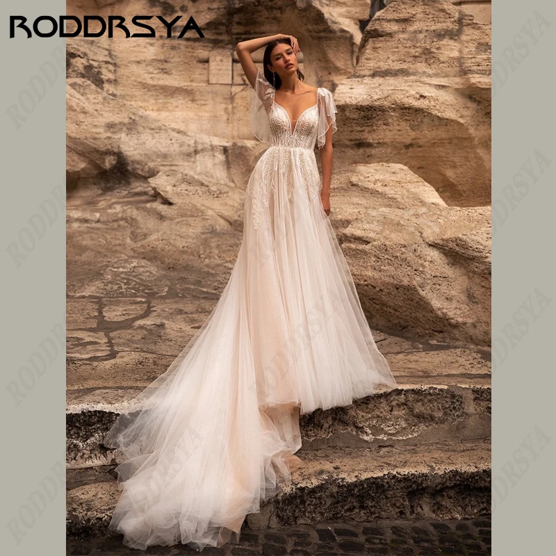 RODDRSYA Applique Lace Wedding Dress Boho Tulle A-line Robe De Soirée Spaghetti Straps Bridal Gown Sleeveles Backless For Women