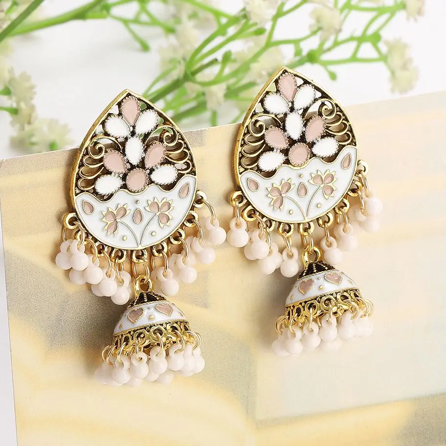 Vintage Fashion Water Drop Dangle Earrings for Women Ethnic Indian Jewelry Blue Flower Tassel Dangling Earrings Jewelry Gift