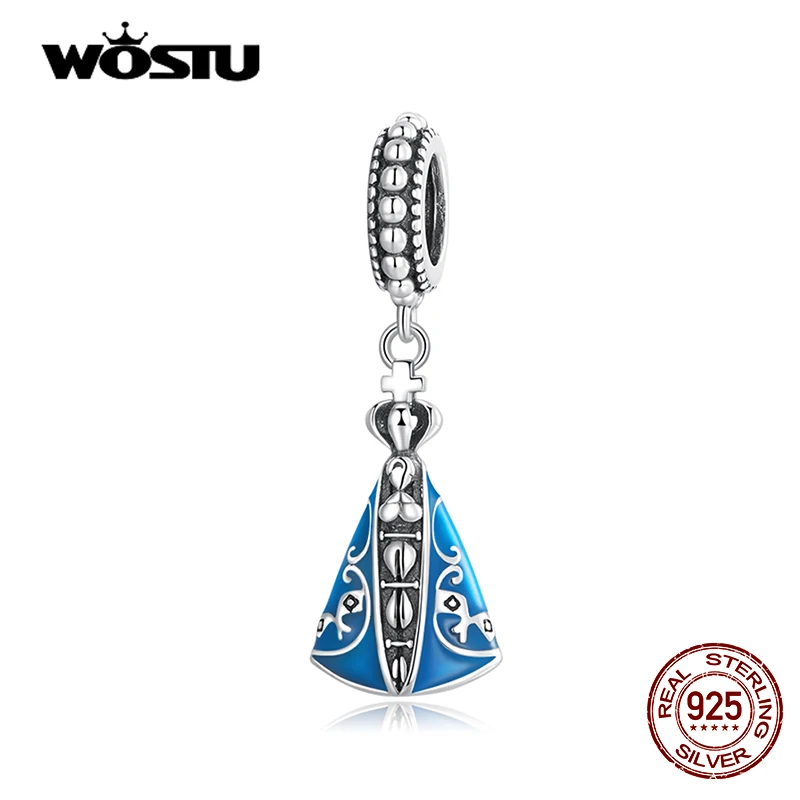 WOSTU 925 Sterling Silver Patronus of Brazil Charm Blue Enamel Bead Religion Pendant Fit Original Bracelet Lucky Jewelry CQC2238