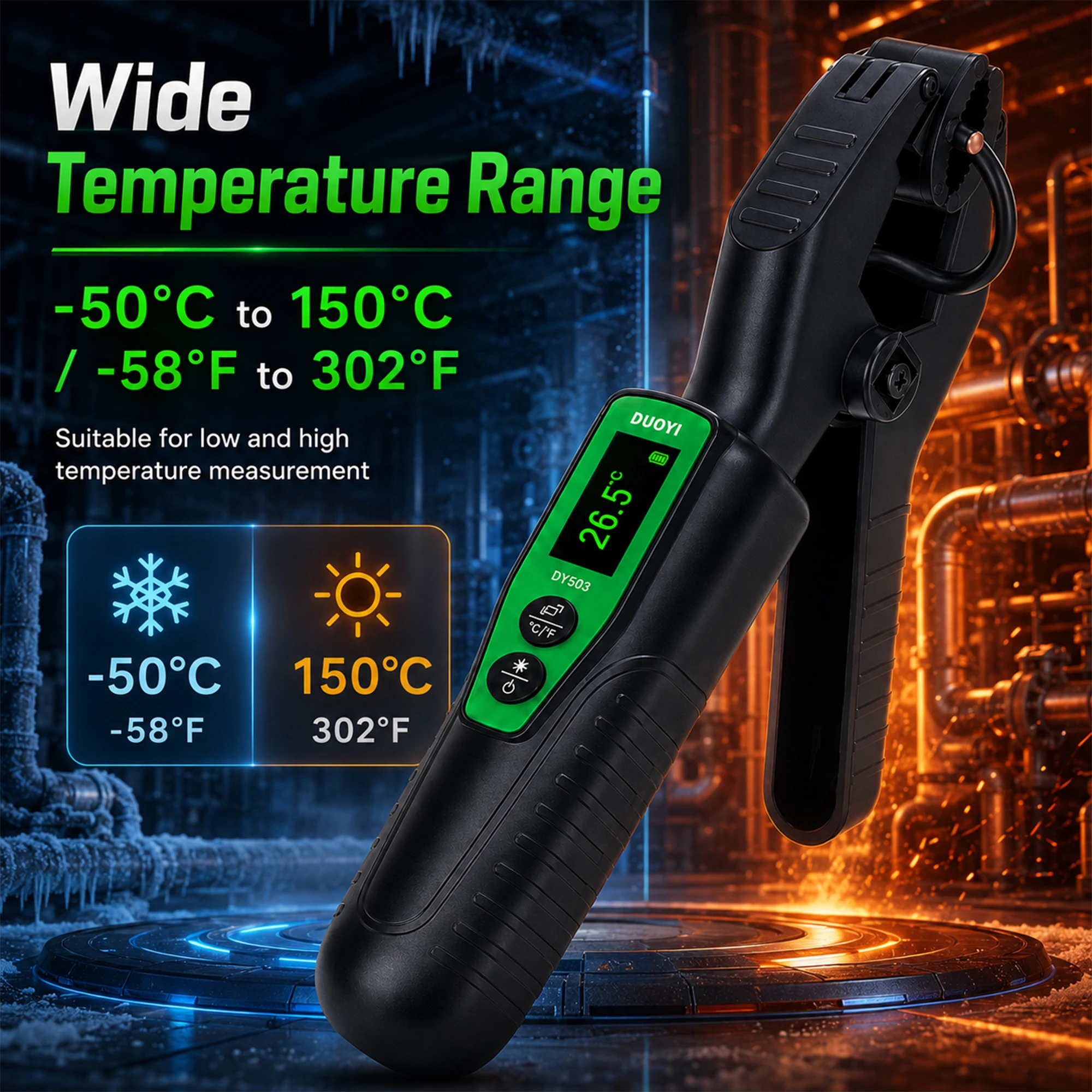 Digital Pipe Clamp Thermometer, HVAC Temperature Probe -58°F to 302°F for Refrigeration AC Copper Pipe Maintenance and Testing