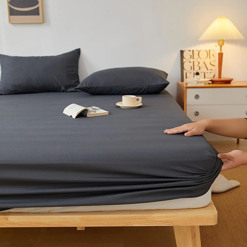 

Solid Color Fitted Bed Sheet Set With Pillowcases Washed Cotton Skin-Friendly Anti-Slip For Adults for Single Double King Bed