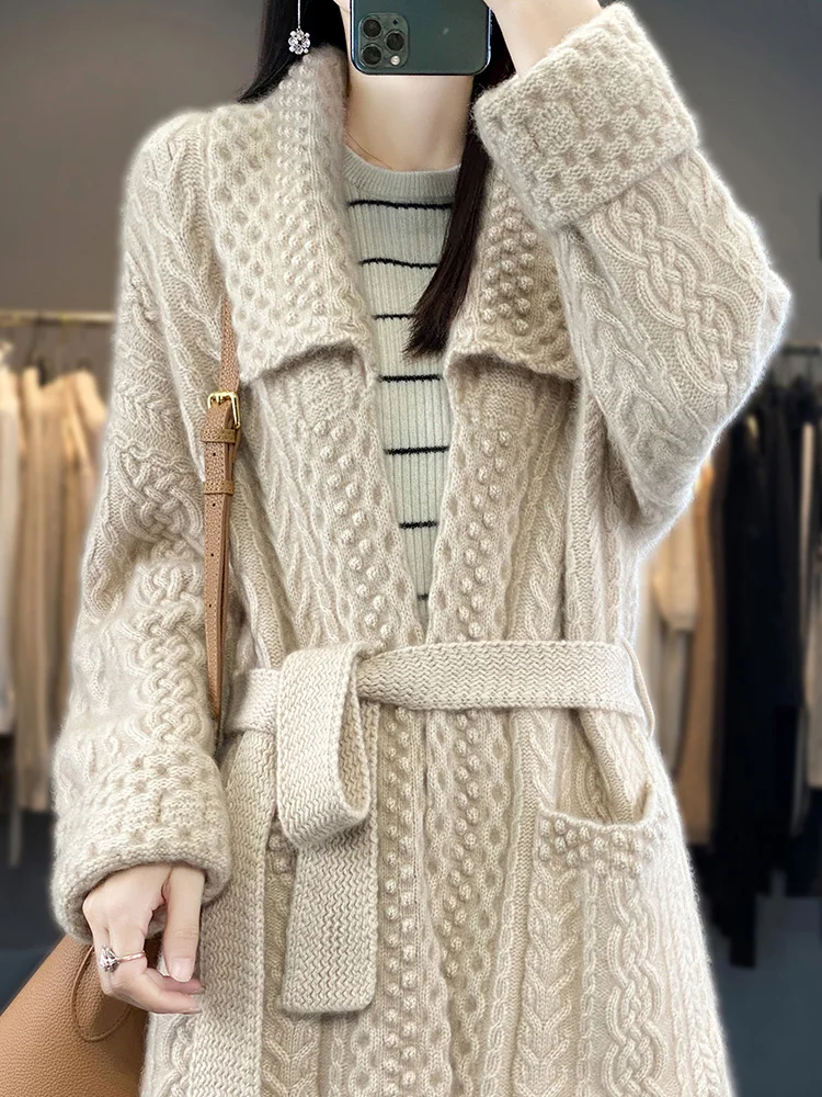 BELIARST 2023 Autumn/Winter New Women\'s Clothing Overcoat Solid Belt Long Cardigan Knitted 100% Merino Wool Sweater BE-8830