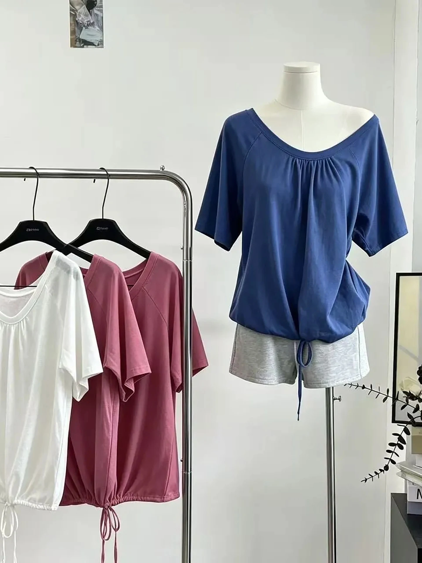 

Korean Style Loose Women's T-Shirt Summer 2026 New Knot Belt Versatile Casual Pure Color Folded Hem Short Sleeve