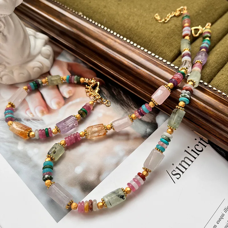 Vintage profile shaped  pink blue chalcedony  Natural Pearl Necklace Bracelet Set Collarbone Chain for  bride wedding  gift 2024