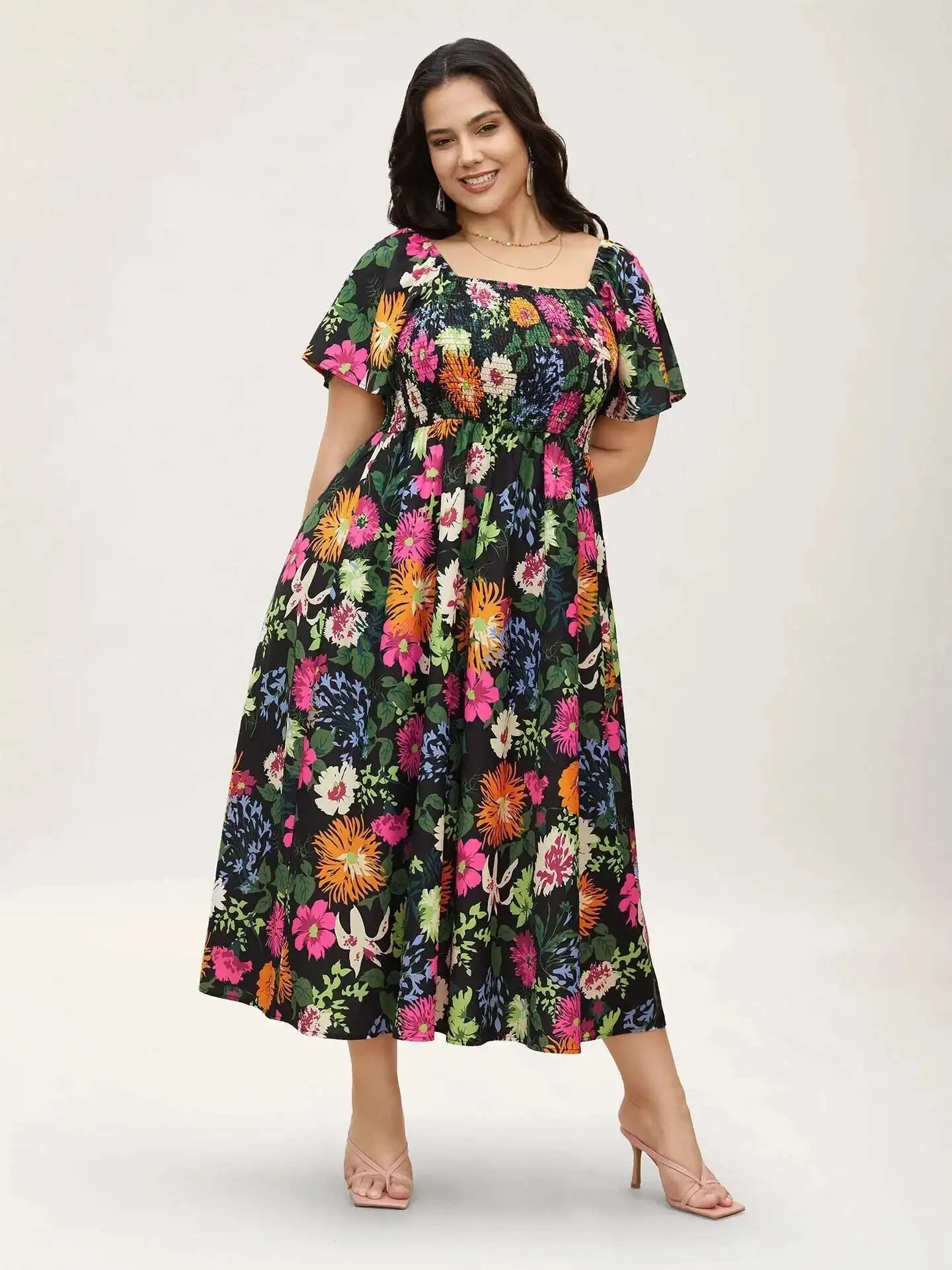 

Summer 2025 New Dress Square Neck Plus Size Loose Long Dress High Waist Printed Short Sleeve Long Dress Elegantes Casual Y2k