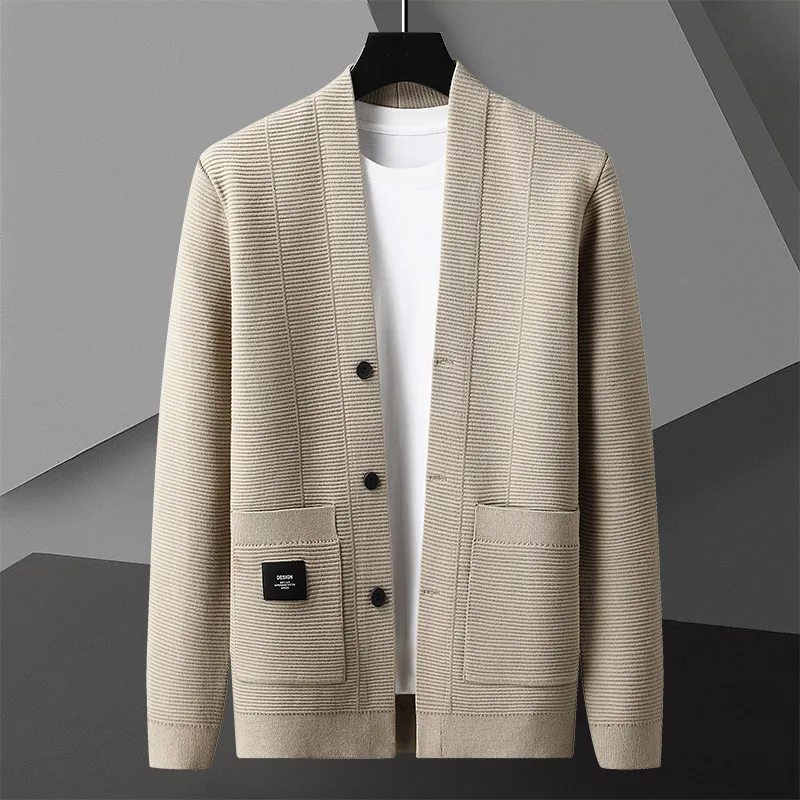 High end boutique vintage solid color knitted cardigan men's 2024autumn fashion V-neck temperament casual shawl sweater coat men