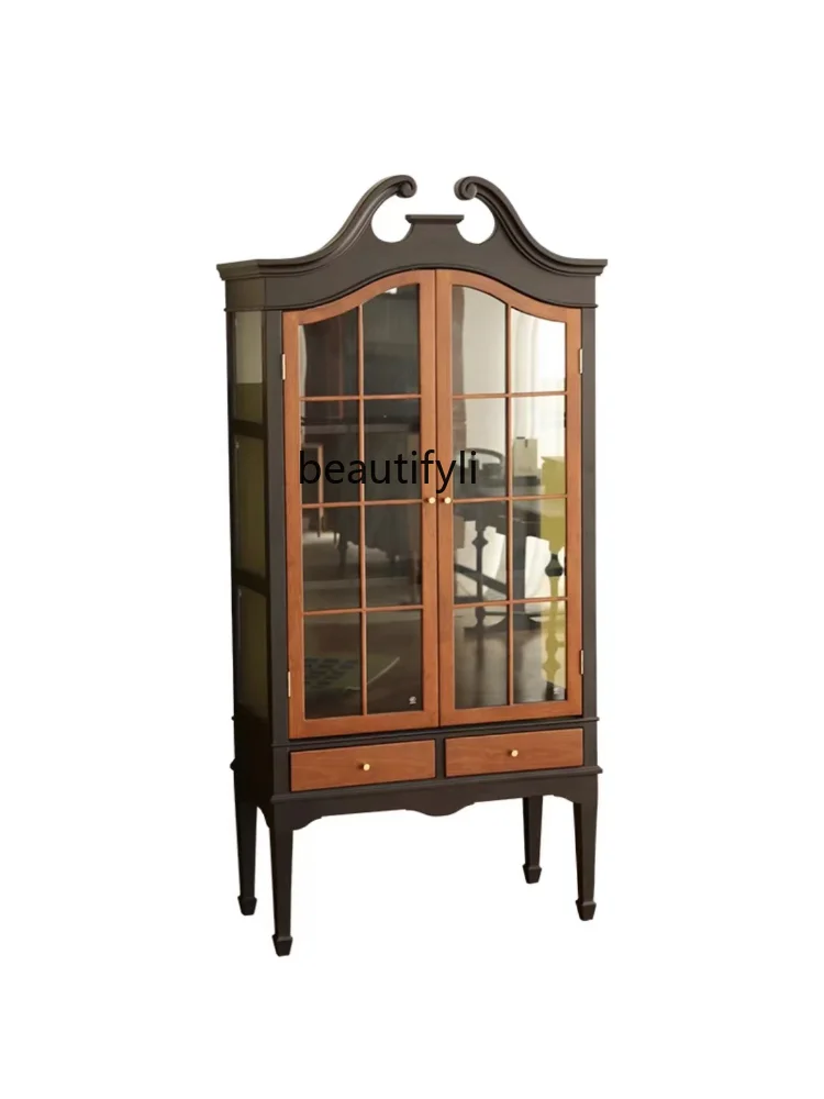 Vintage Wine Cabinet Solid Wood Republic of China Classical Bookcase Display Cabinet Wall Height Side Cabinet Showcase