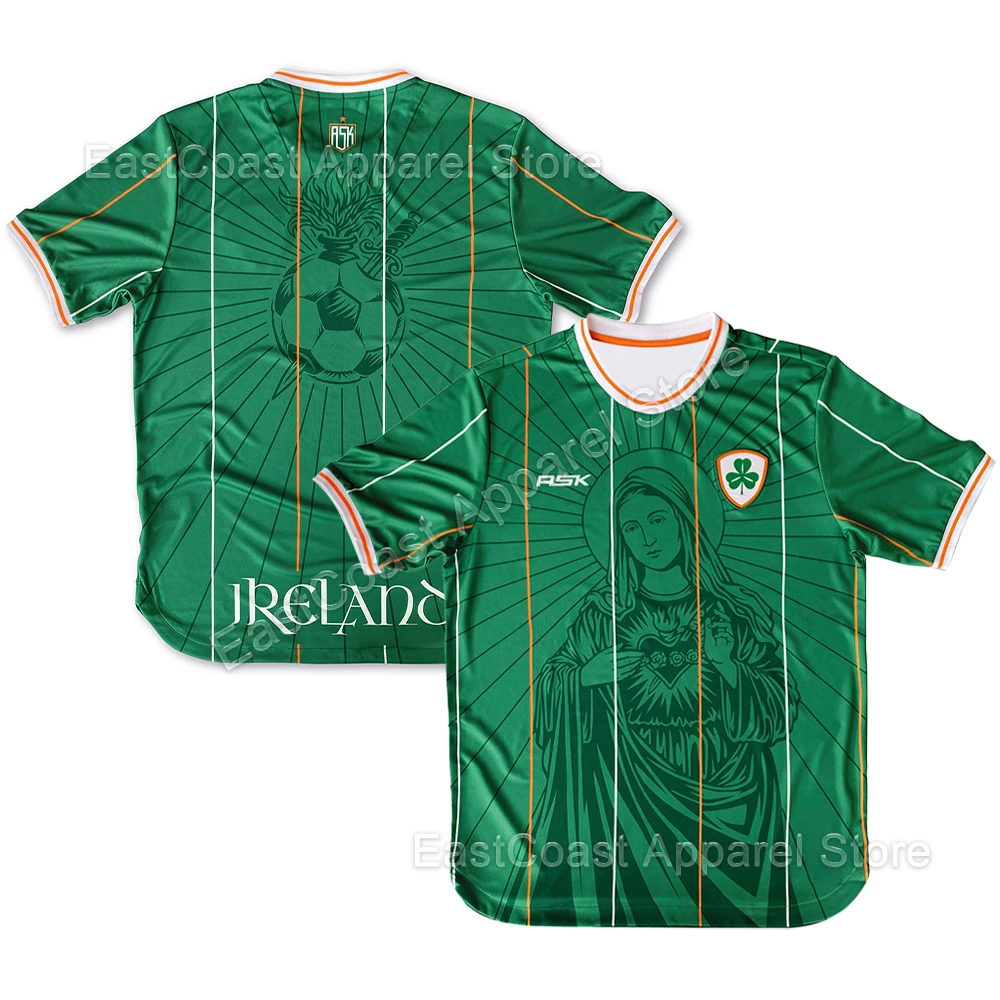 Men's Ireland Soccer Jersey Oversized Virgin Mary Shamrock Print Retro Breathable Fan Short Sleeve Casual Football Tops T-Shirt