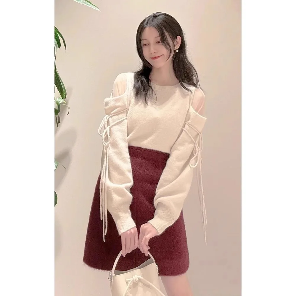 Japanese Autumn Winter All-match Round Neck Pullover Knitted Top Elegant Mesh Off Shoulder Long Sleeve Women Sweater Basic Tops