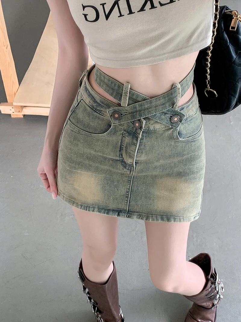 Women's Vintage Y2K Slim Fit Punk Hotsweet Retro Jeans Skirts 2024 Summer Casual High Waist Mini Belted Desgin Denim Short Skirt