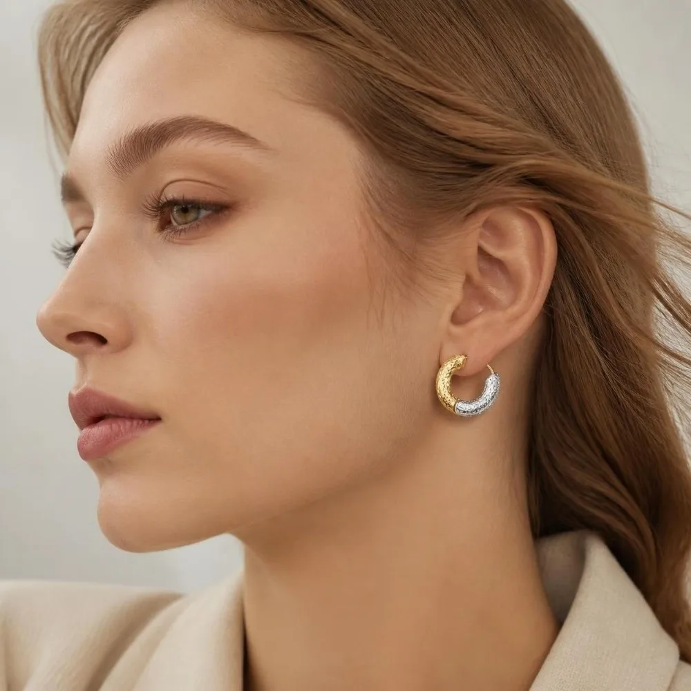 1Pair Two-color Hoop Earrings Ear Buckle Concave-convex Texture Bicolor Earrings Irregular Texture Round Earrings Girl Women