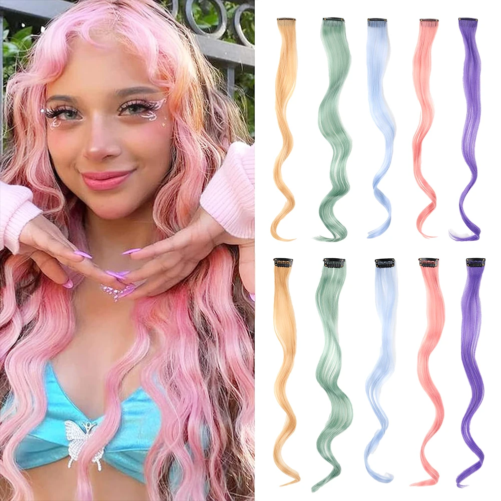 Colored Hair Extensions Synthetic Rainbow Hairpiece 10Pcs/Pack Clip in Curly Wavy Accessories Party Highlights Hair for Women