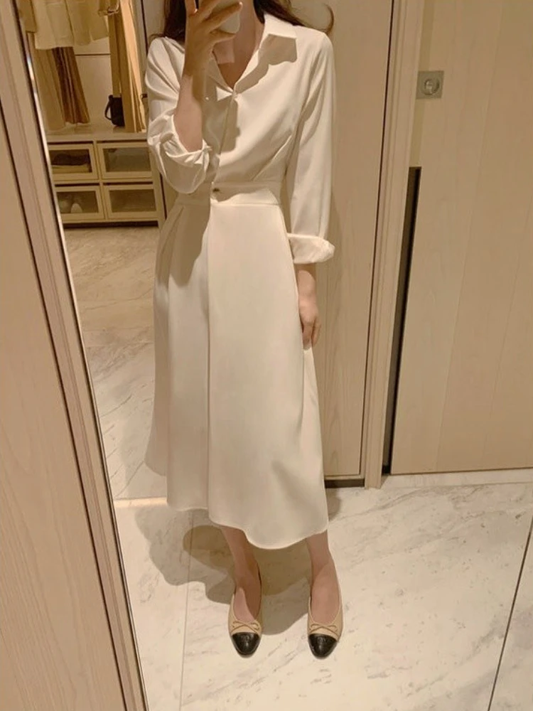 Women Spring Elegant Long Shirt Dress 2022 New Female Elastic High Waist A-line Midi Dresses Solid Color Lapel Collar