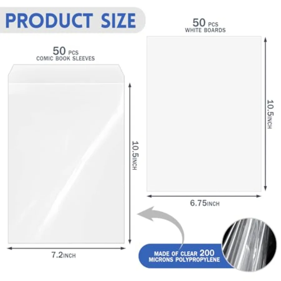 50セット 現在のサイズ コミックブックバッグとボード 再利用可能な透明コミックブックスリーブ 両面白い厚紙付き レギュラー