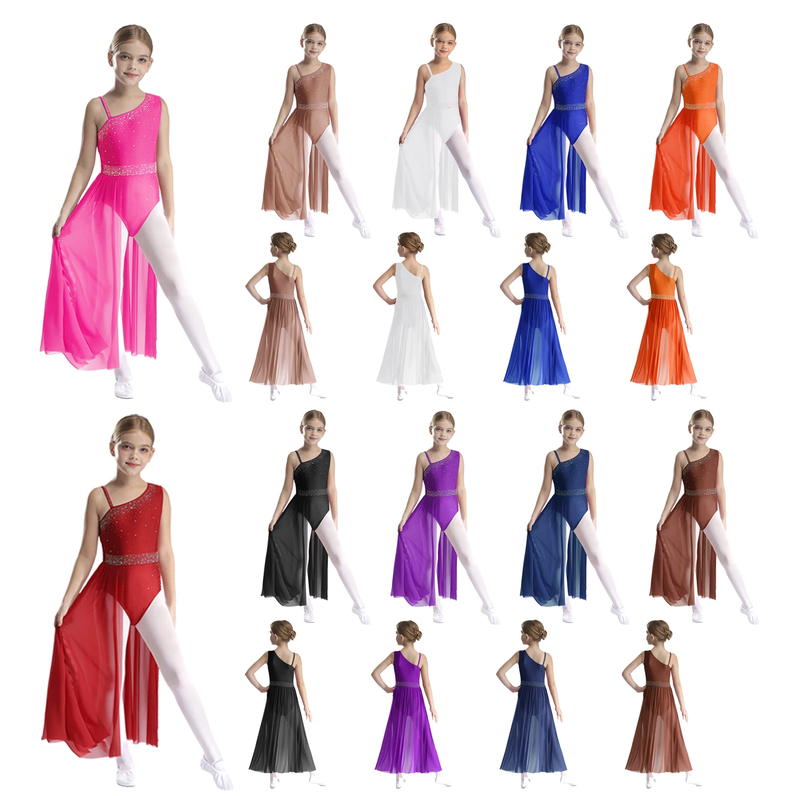 أطفال بنات أكمام الراين شبكة الحديثة الغنائية ملابس رقص الجمباز فستان الباليه الشكل التزلج الجمباز أداء Dancewear
