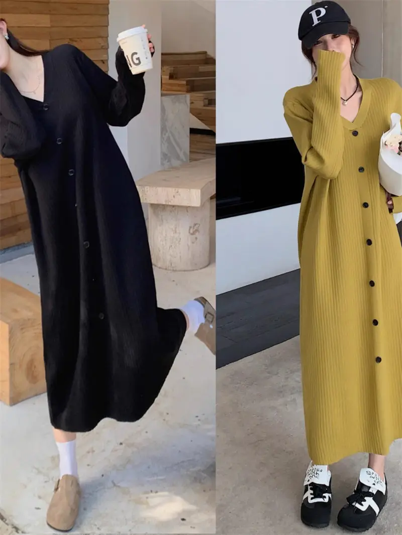 V-Neck Retro Pit Stripe Knitted Casual Long Sleeve Dress Simple Artistic Fashion Autumn Pullover Sweater Dress For Women K2506