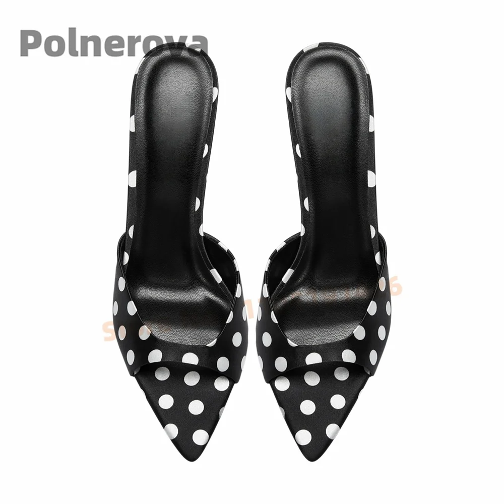Women's Black White Polka Dot Slippers Pointed Open Toe High Heels Mules Sweet Style Slip On Slippers Summer Party Shoes