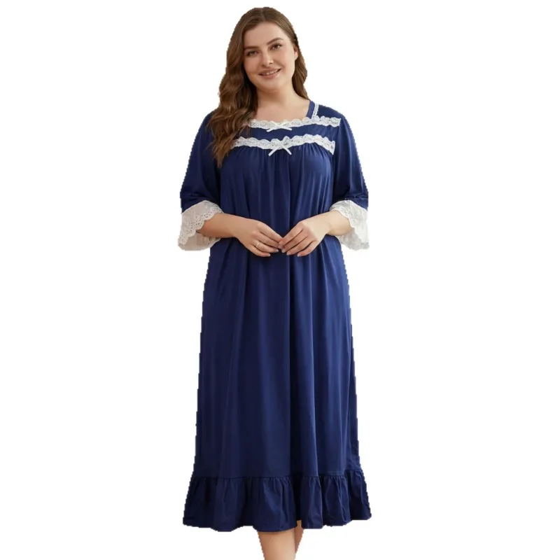 Plus Size Women Summer Long Nightgown Sweet Lace Trim Square Neck Pajamas Dress Solid Short Sleeves Loose Sleepwear Loungewear