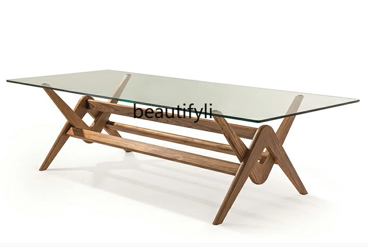 Italian Minimalist Rectangular Glass Dining Table North American Black Walnut Solid Wood Dining Table Creative Design