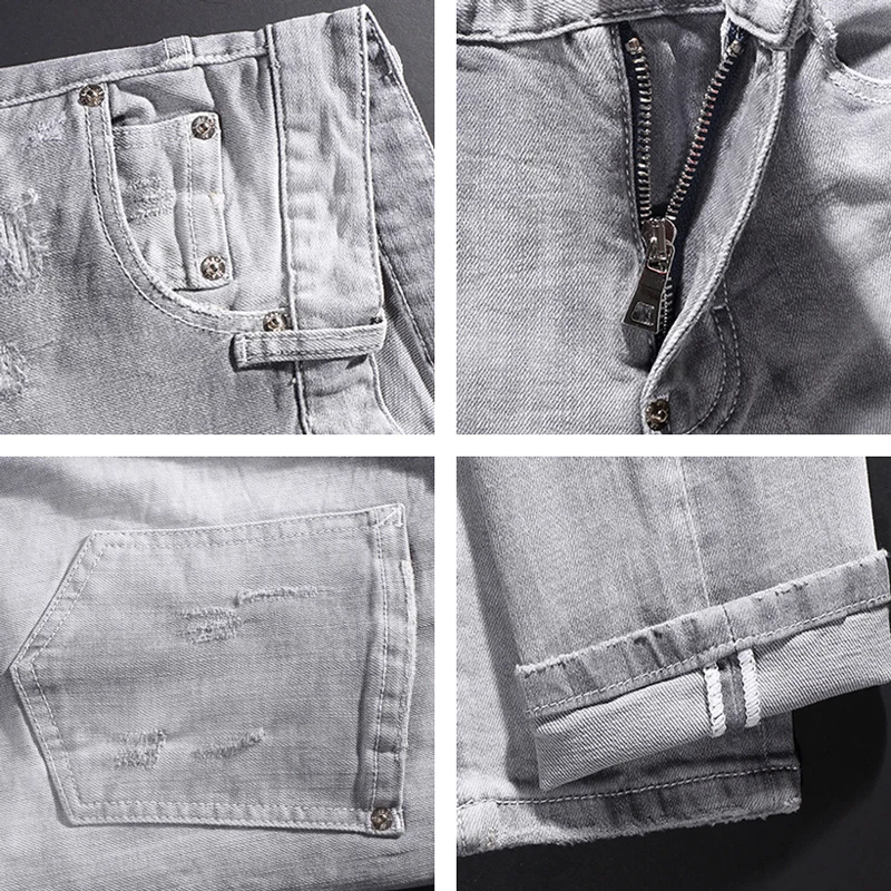 Y2K fashion new men's jeans scratch washed nostalgic stretch slim fit light gray jeans high street hip-hop brand pants
