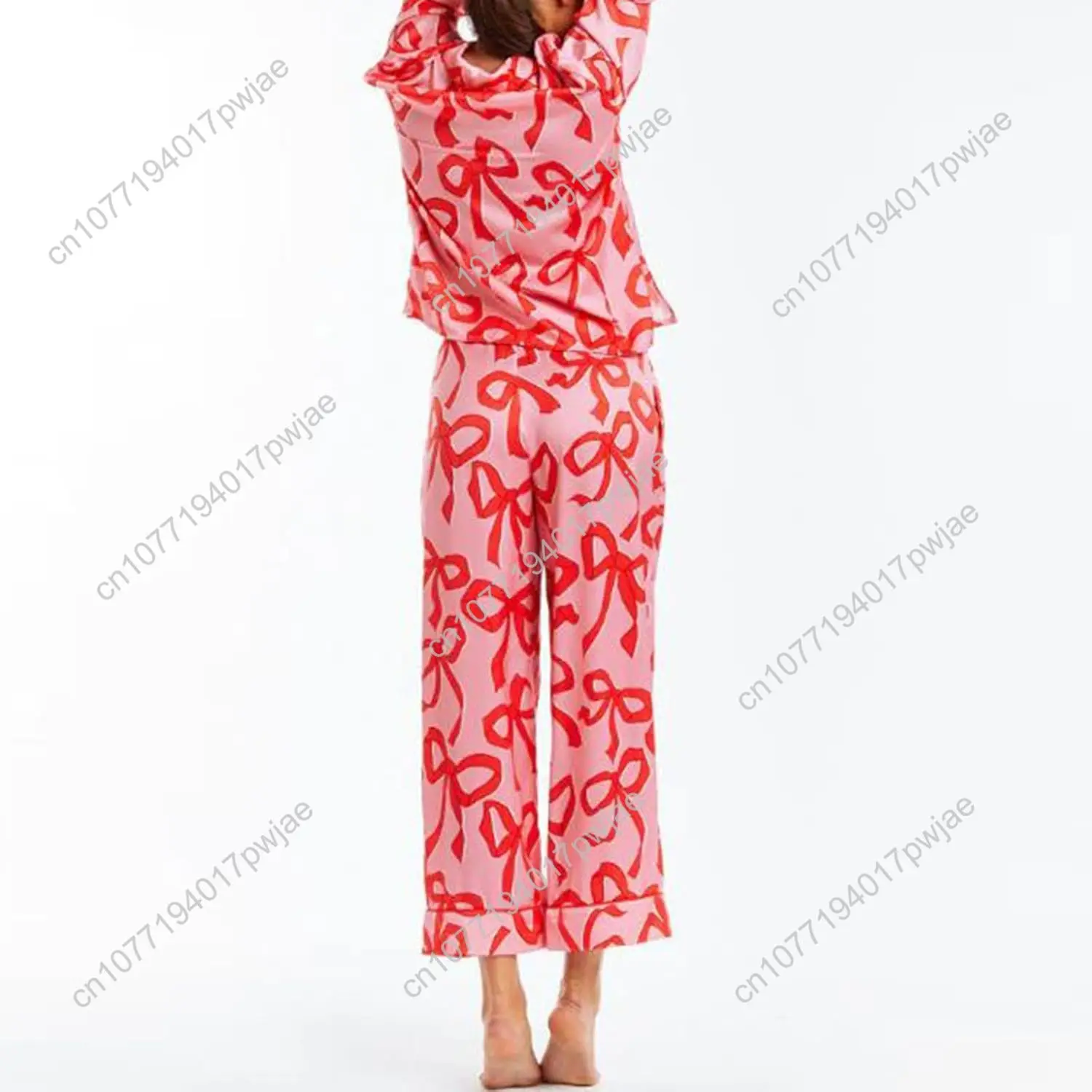 Tsultryofs Damen-Pyjama-Set mit Y2k-Schleife, zweiteilig, Button-Down-Pyjama-Outfits, süßes Langarmshirt und Hose, passende Sets, Nachtwäsche