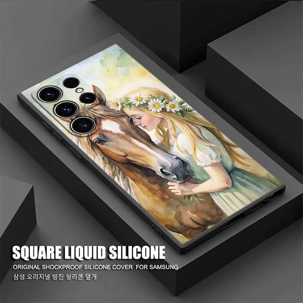

Black White Horses Girl Galloping Phone Case For Samsung Galaxy S24FE S25 Ultra S23 S21 S20 FE S22 S24 Plus A36 A56 A55 5G Cover