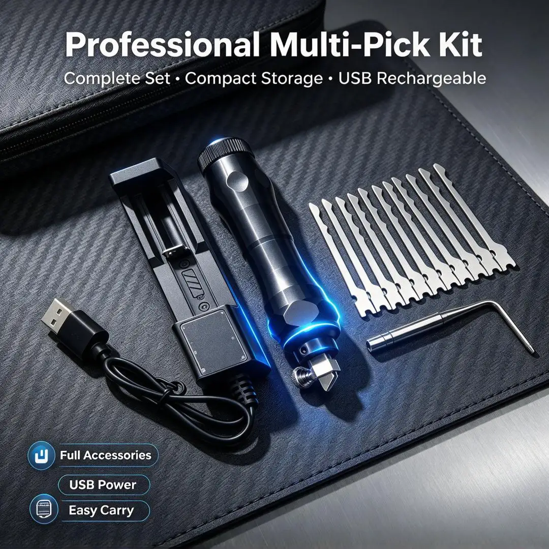 Cordless Electric Lock Pick Set Professional Rechargeable Handheld Locksmith Tool Kit with Extra Replacement Pick Blades