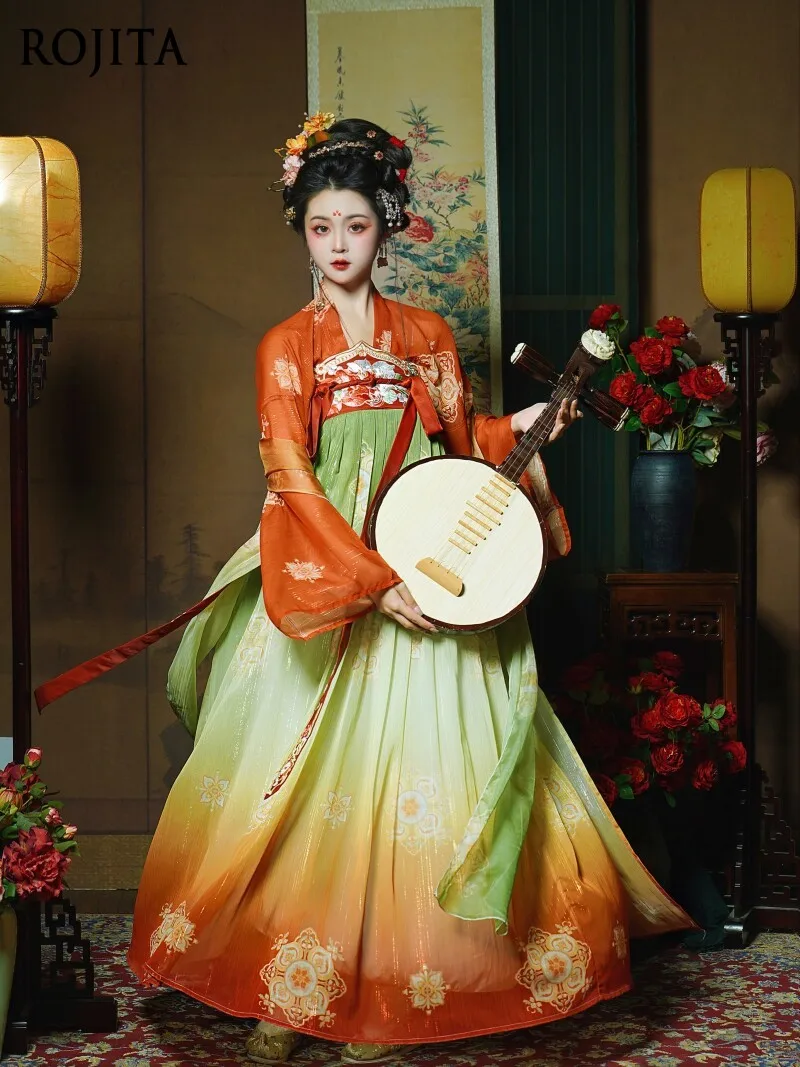 

Elegant Retro Tang Style Hanfu Orange Green Puff Sleeve High Waist A-Line Dress Mbroidered Gradient Dress Sweet Girl Outfit