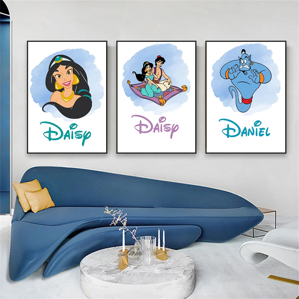 Disney Personalised Name Poster Princess Jasmine and Aladdin Cartoon Prints Aladdin Flying Carpet Canvas Painting Kid Room Decor