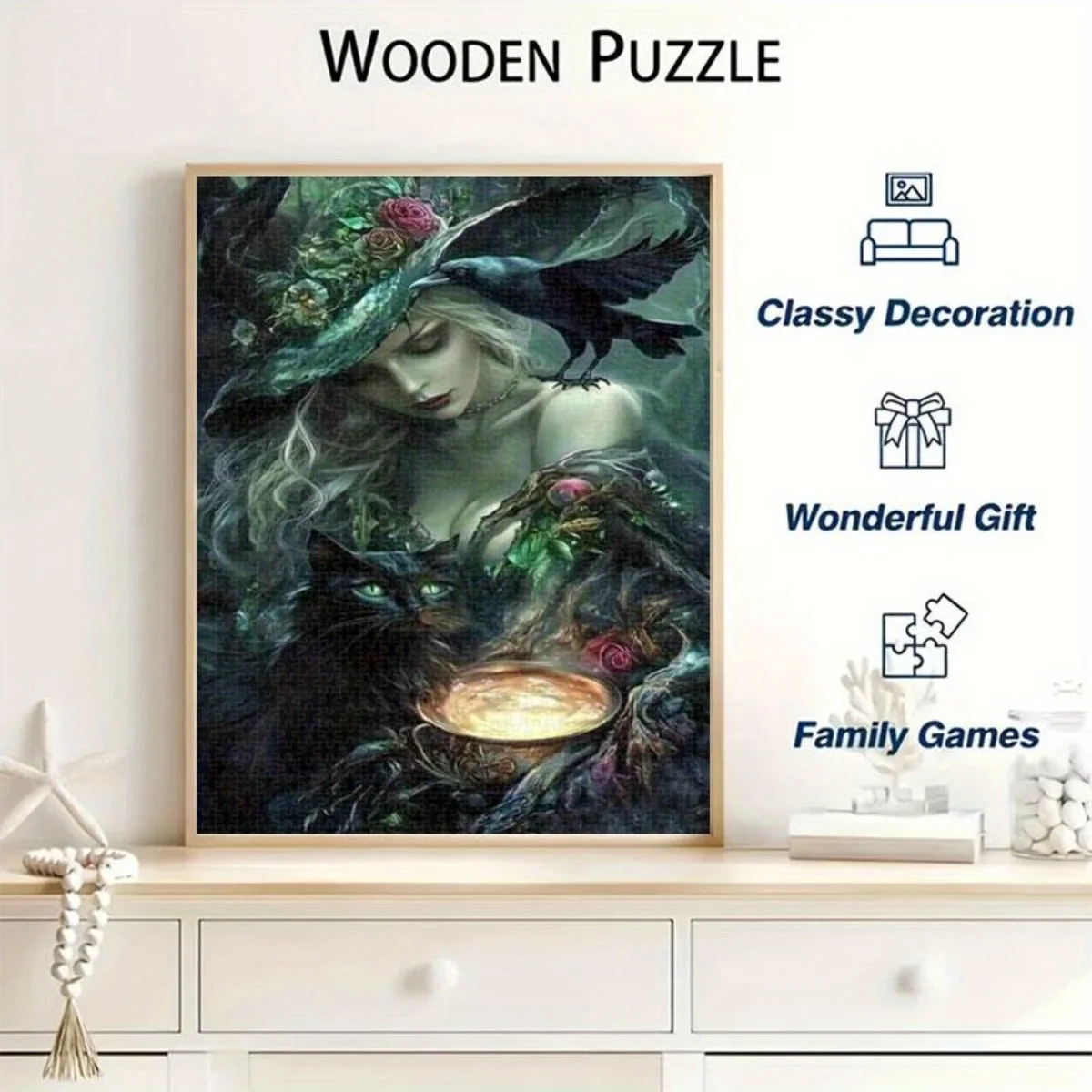 Rompecabezas de bruja de fantasía, gato negro con cuervos en el lado, olla mágica reflectante, brillo misterioso, 1000 Uds., desbloquea el Fantas