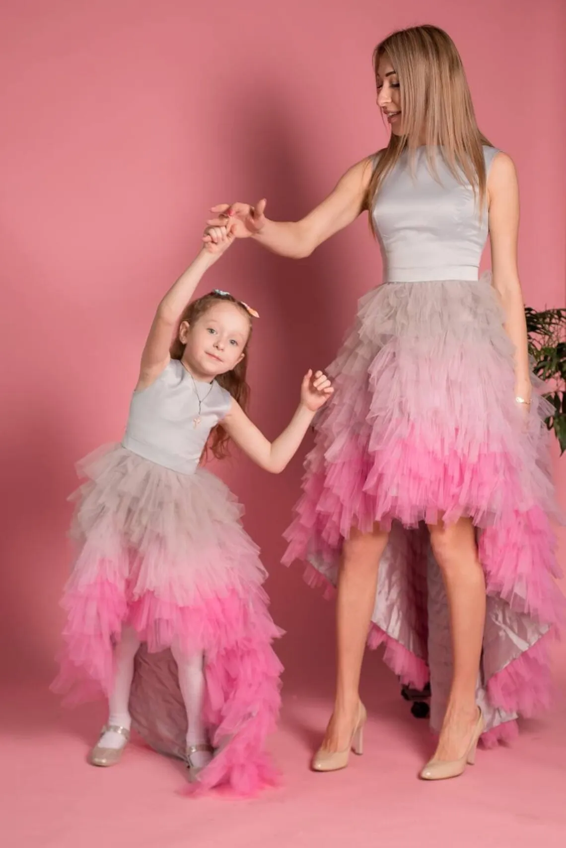 Pink Grey Mom Daughter Dress Unicorn Tulle Matching Dresses for Birthday Mommy and Me Outfit High Low Ombre Photoshoot Dress