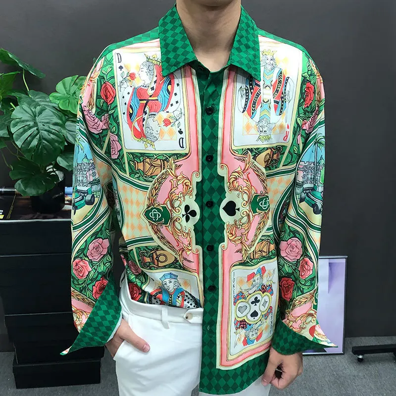 2023 Vintage Playing Card Print Contrasting Color Print Long Sleeve Shirt Holiday Casual Dress Blouse Clothes Men Hawaiian Shirt