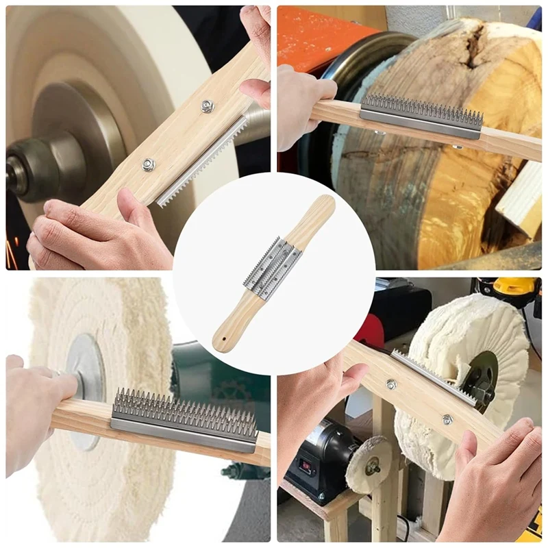 Rastrillo de rueda pulidora de 2 uds, mango de madera, 4 filas de dientes de Metal, herramienta de limpieza de rueda pulidora para eliminar compuestos residuales-AT64