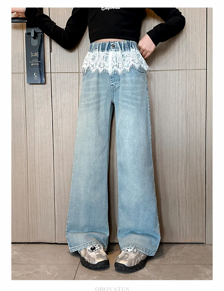 Spitzenjeans für Mädchen, Modische Kleidung für Teenager, Einfarbige, Lose Kinderjeans mit Weitem Bein, Hohe Taille, Spitzendesign, Kinderhose – Detail 5
