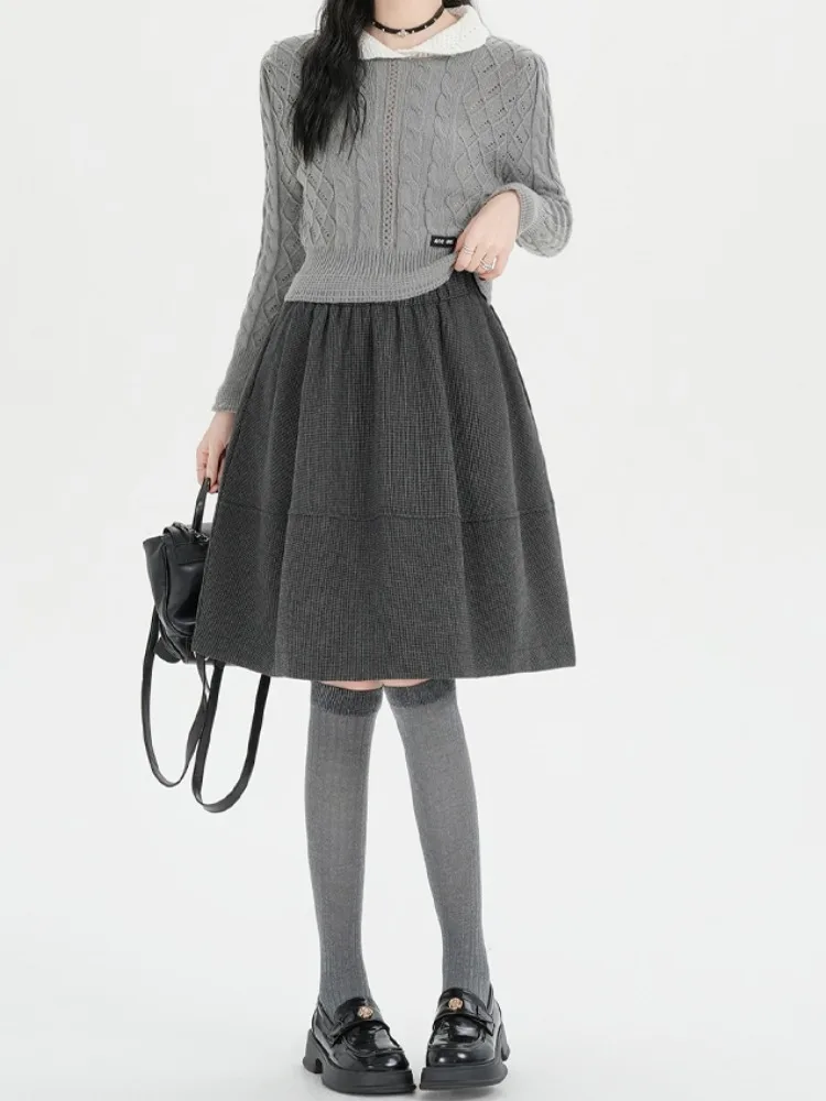 Slimming Effect Deep Grey Woolen Pleated  Skirt High Waist Thickened Autumn Winter Women's Fashion Short Skirts