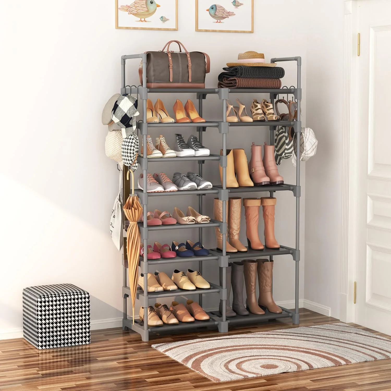 Zapatero, organizador de almacenamiento de zapatos para armario, entrada, garaje, dormitorio, estante de zapatos de metal alto de 8 niveles para 26-32 pares de botas y zapatos