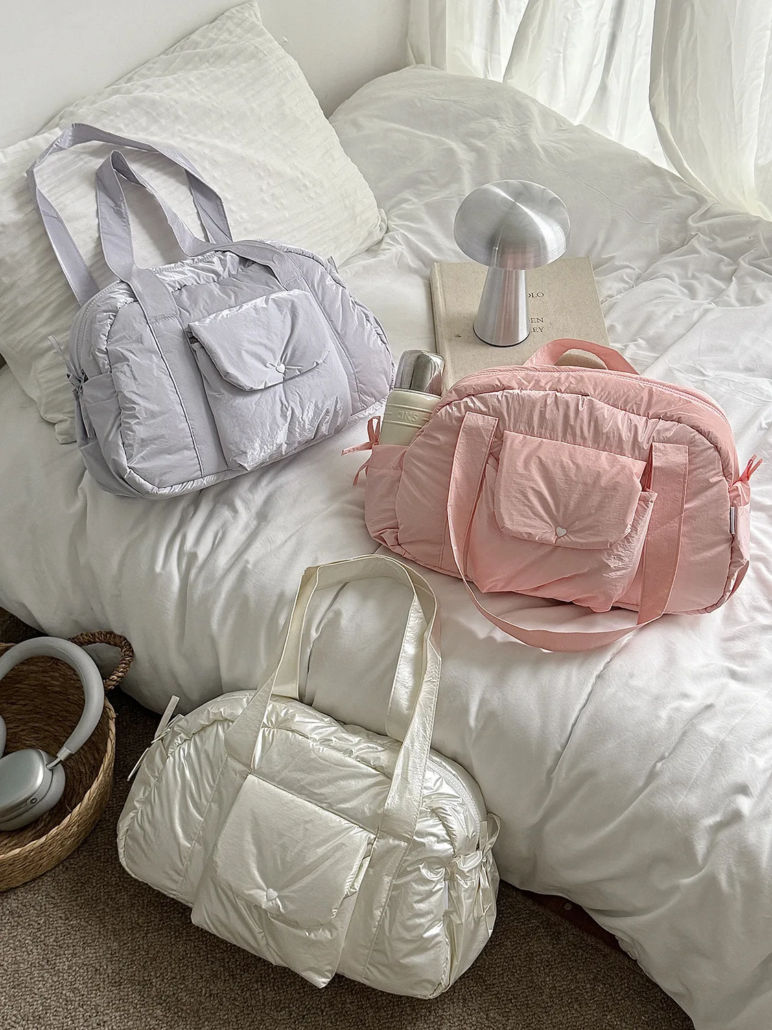 Puffy cotton-filled travel bag for women, large capacity cloud tote bag, lightweight, multi-pocket, fitness yoga bag, short trip