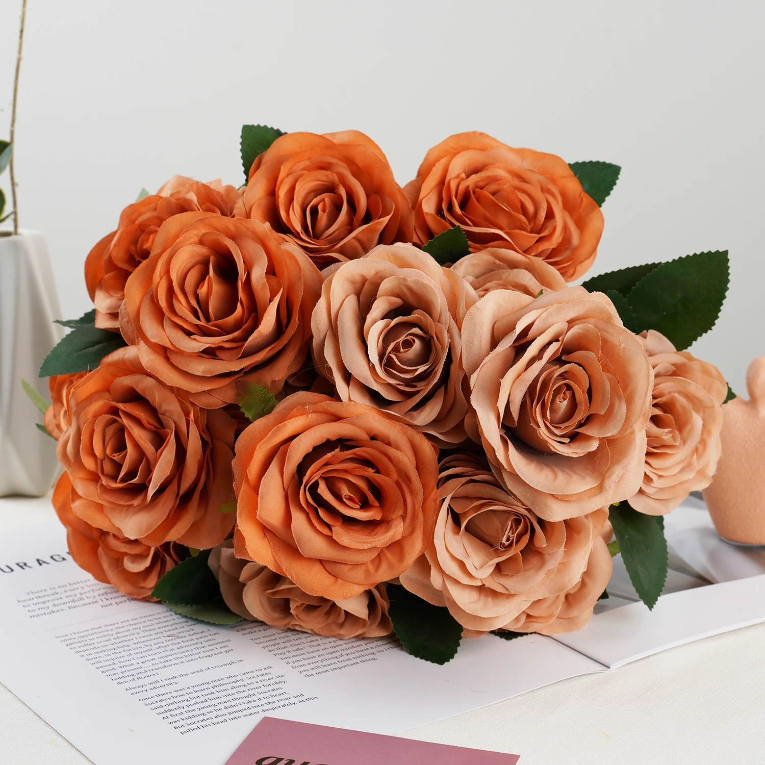 9 Heads Artificial Flower Silk Rose white Eucalyptus leaves Peony Bouquet Fake Flower for Wedding Table Party Vase Home Decor
