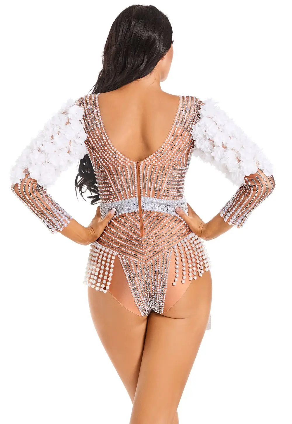 Pearls Party Club Outfit Rhinestones Flowers Sleeves Bodysuit Women Sexy Singer Dancer Performance Costume Stage Wear