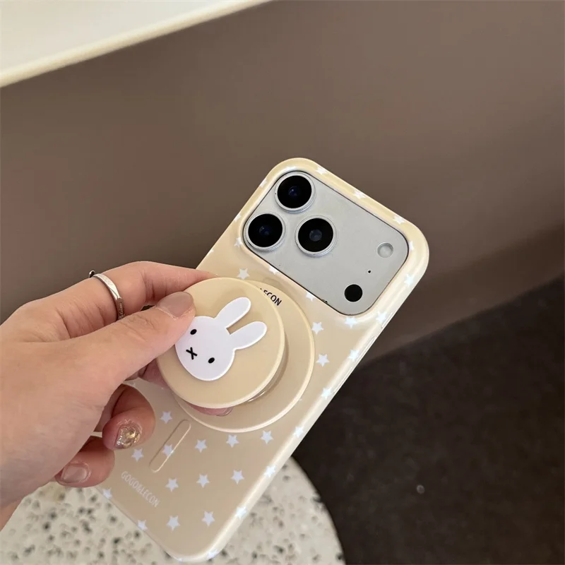 Kawaii Miffy Rabbit Magnetic Pop Stand Phone Case For iPhone 15 16 17 Pro Max INS Beige Star Shockproof Cover