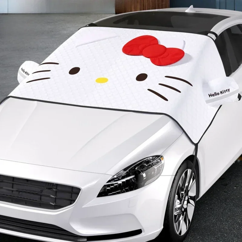 MINISO Hellokitty Car Snow Sunshade Large Cover Cloth Cat Face White Pink Winter Cover Cloth Front Windshield Anti-frost Hood