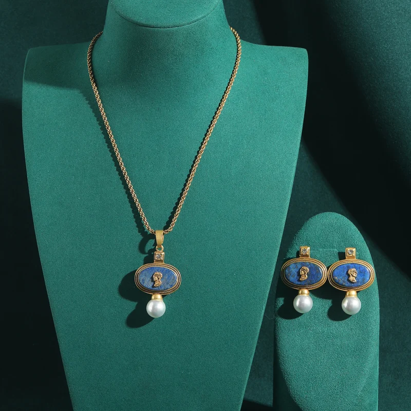 Vintage Cameo Schmuckset Damen Avatar-Anhänger Perlenkette Lapis Lazuli Ohrstecker Blauer Naturstein Hochzeit Party 2026
