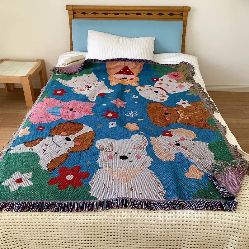 Cute Dog Cotton Thread Sofa Throw Blanket Cartoon Puppy Park Outdoor Camping Picnic Korean Style Decorative Tapestry Drop ship
