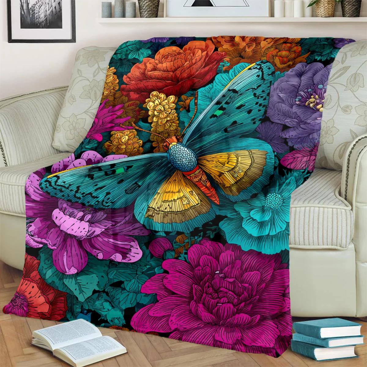 Boho Style Big Butterfly With Bright Peony Flowers Pattern Flannel Fleece Blanket Warm Plush Bed Throw for Living Room