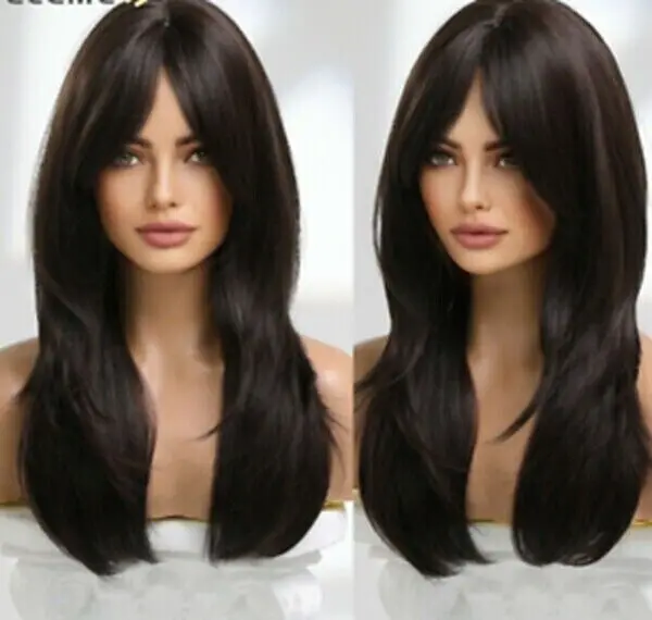 

New Women's Long Dark Brown Straight Full Capless Wigs 24 Inch