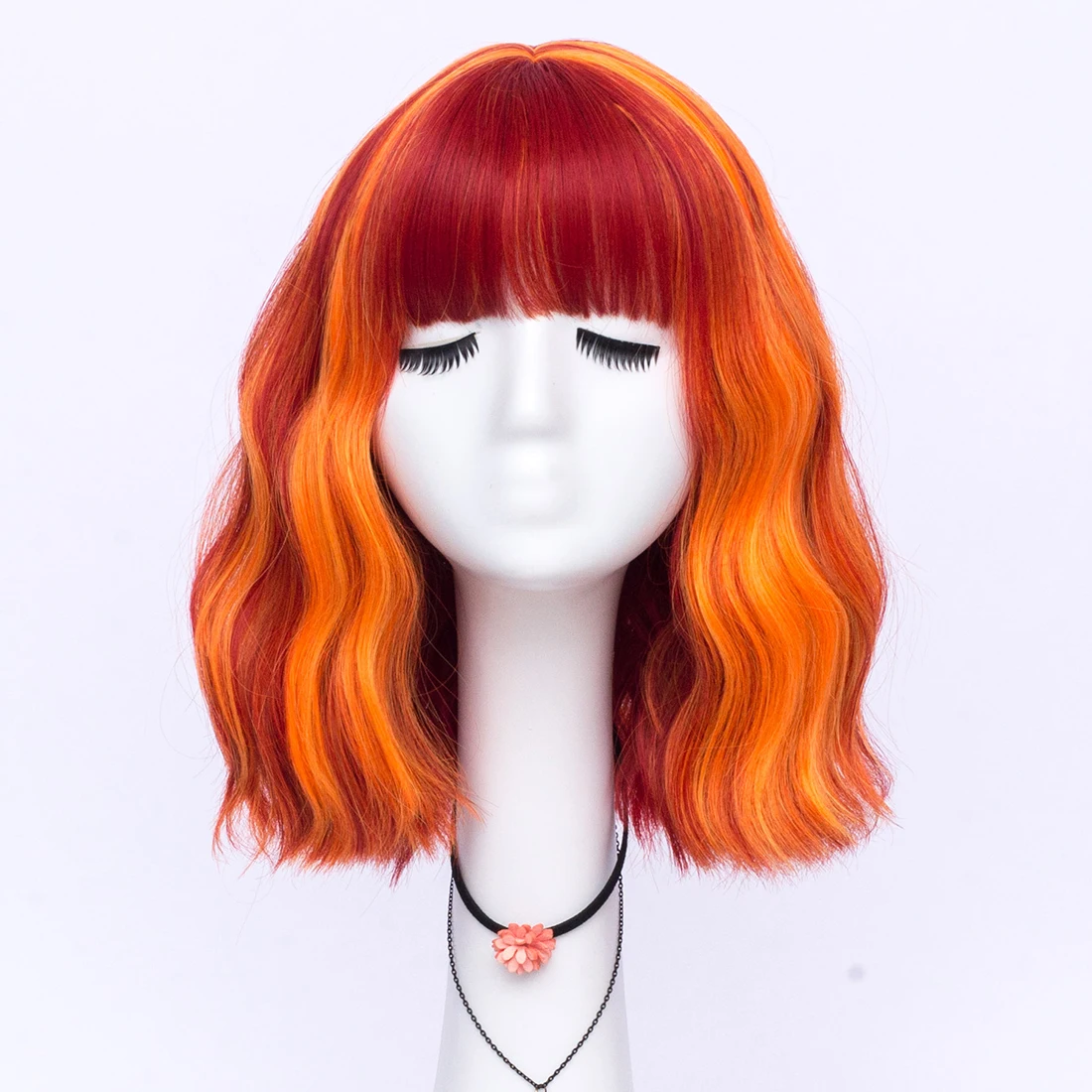 MSIWIGS 짧은 웨이브 옴브레 오렌지 합성 가발(여성용 앞머리 포함) 할로윈 코스프레 및 캐주얼 글램 룩을 위한 내열성